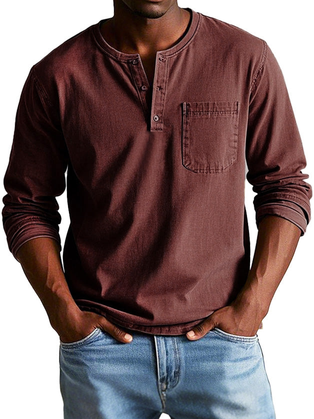 T-shirt homme manches longues | Encolure ronde boutonnée et poche poitrine | Style casual polyvalent