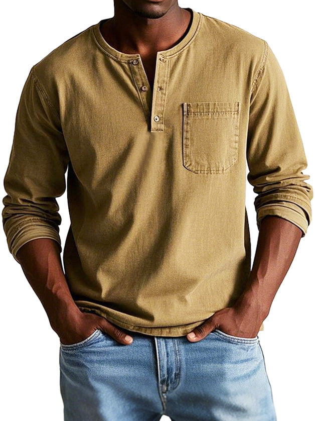 T-shirt homme manches longues | Encolure ronde boutonnée et poche poitrine | Style casual polyvalent