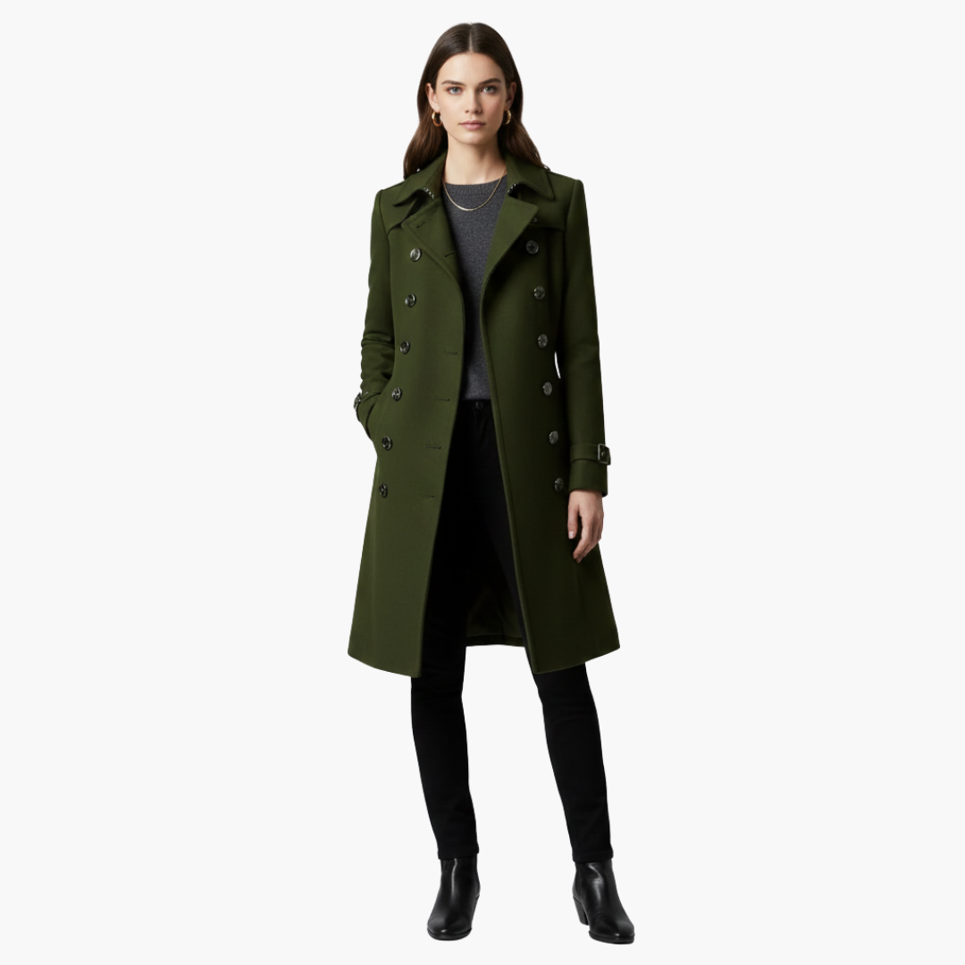 Manteau long femme avec double boutonnage et coupe ajustée