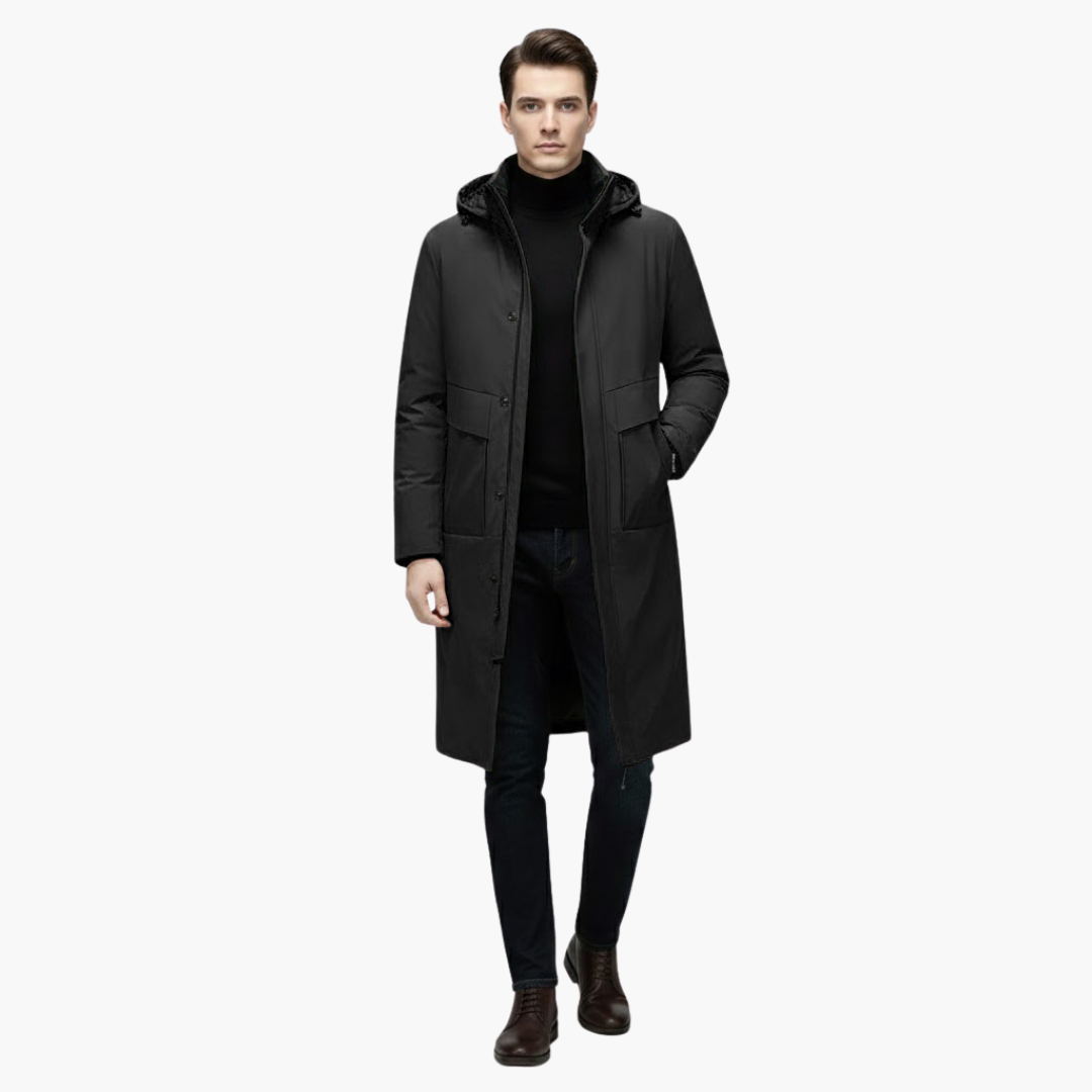 Manteau homme long avec capuche et fermeture zippée