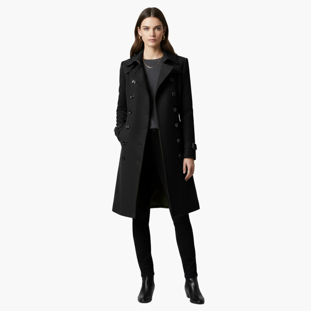Manteau long femme avec double boutonnage et coupe ajustée