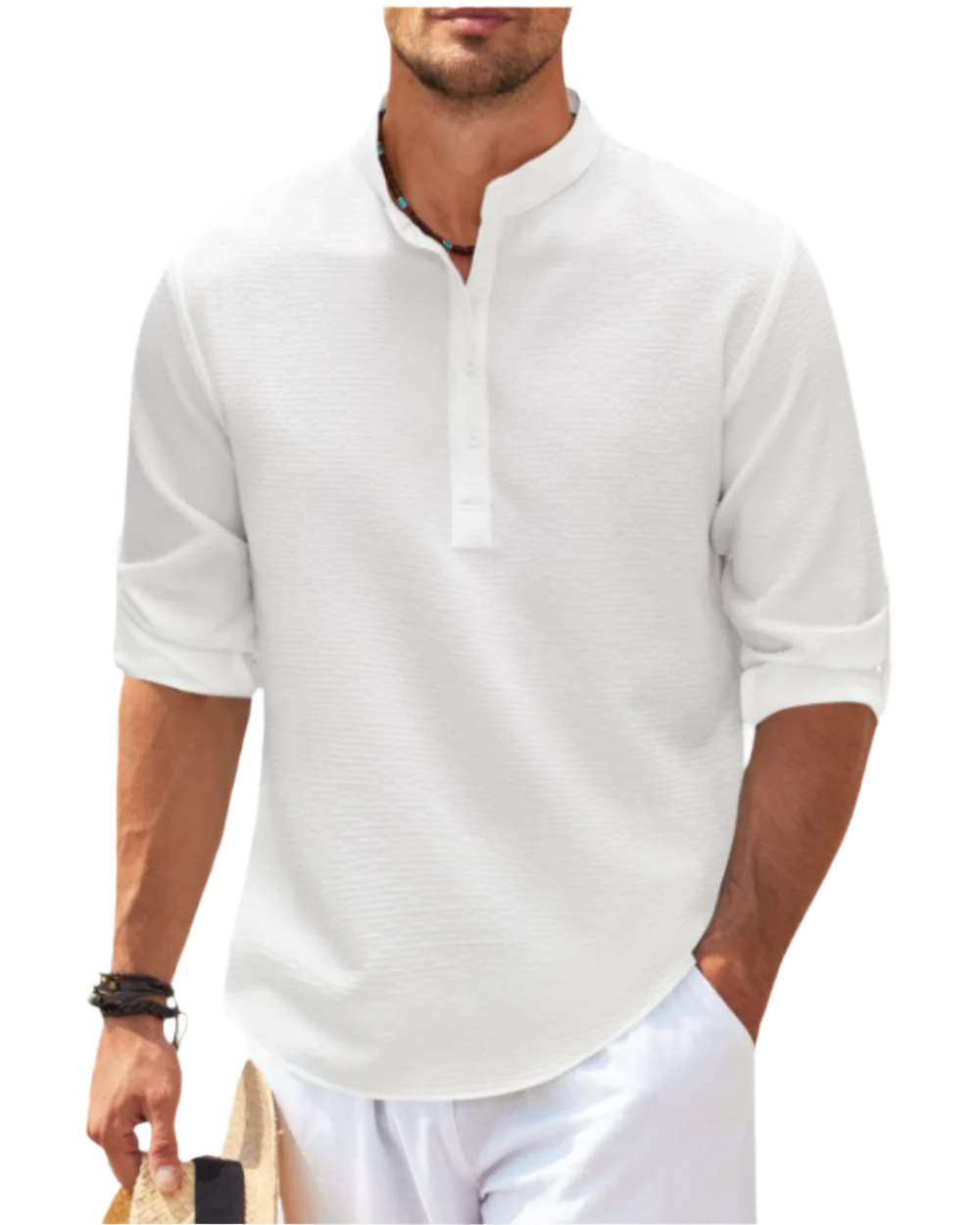 Chemise homme col tunisien | Manches longues retroussables, patte boutonnée | Coupe décontractée respirante