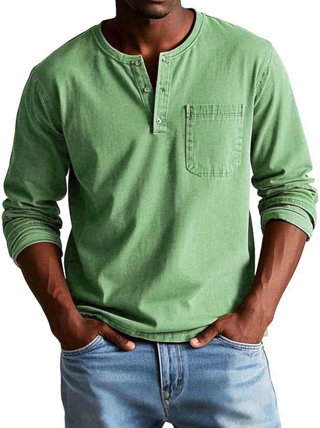 T-shirt homme manches longues | Encolure ronde boutonnée et poche poitrine | Style casual polyvalent