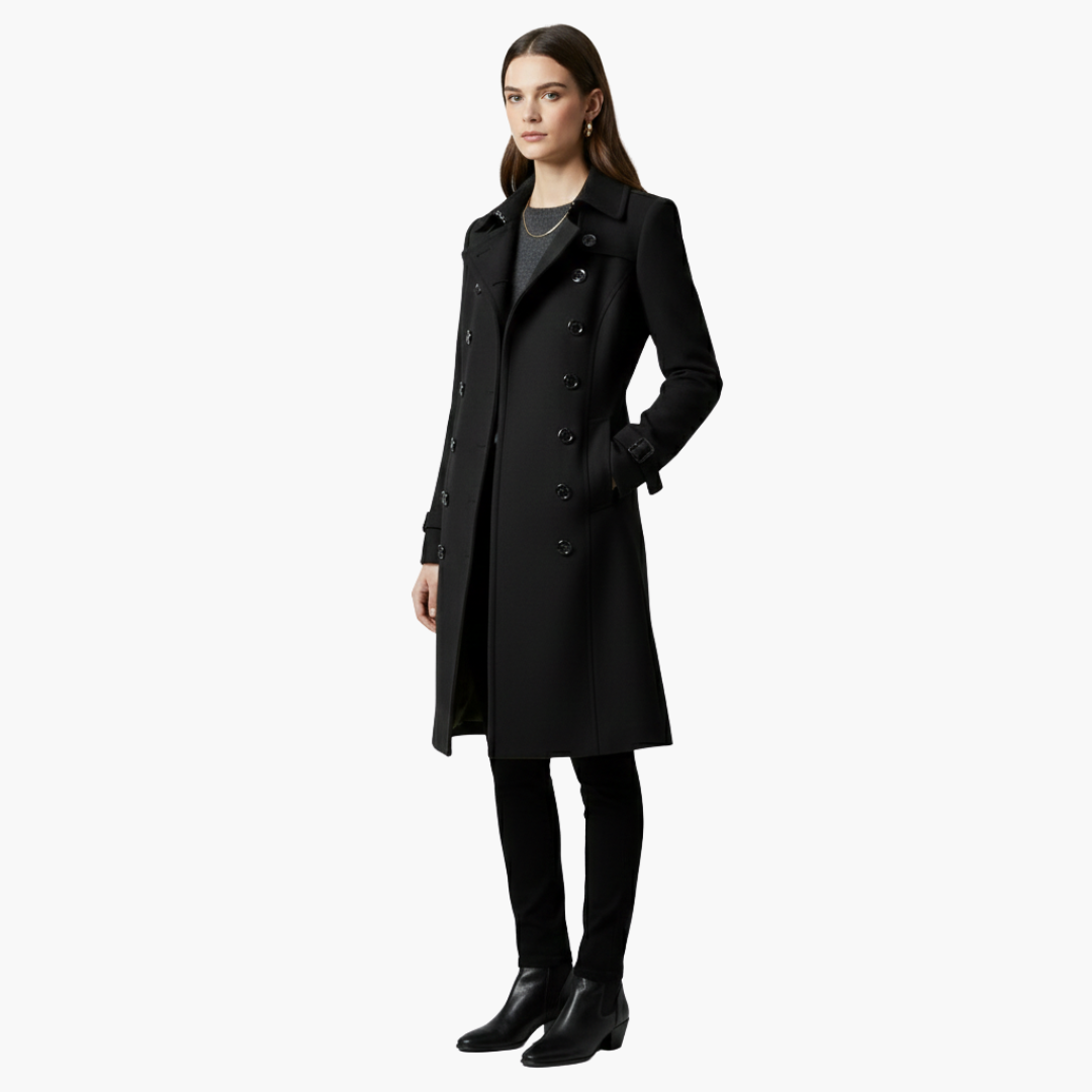 Manteau long femme avec double boutonnage et coupe ajustée