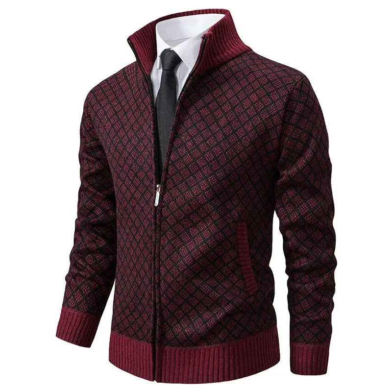 Veste en tricot zippée pour homme avec motif géométrique et poignets côtelés