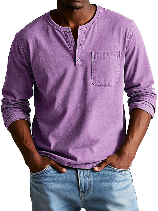 T-shirt homme manches longues | Encolure ronde boutonnée et poche poitrine | Style casual polyvalent