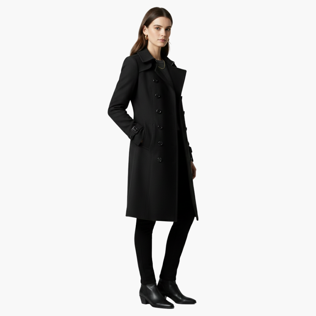 Manteau long femme avec double boutonnage et coupe ajustée