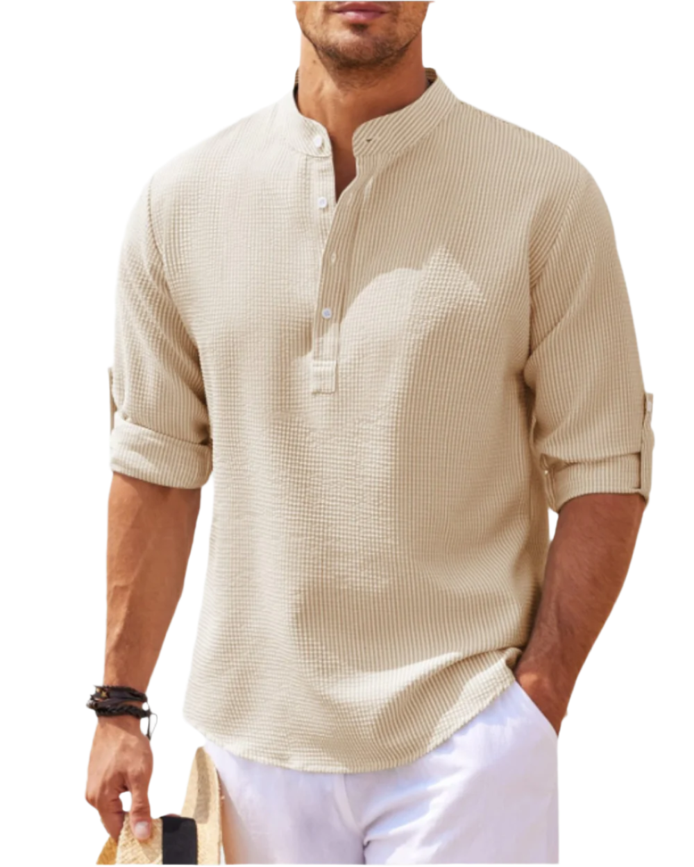 Chemise homme col tunisien | Manches longues retroussables, patte boutonnée | Coupe décontractée respirante