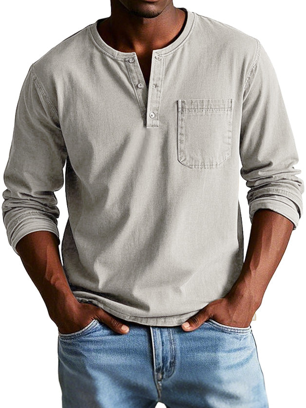 T-shirt homme manches longues | Encolure ronde boutonnée et poche poitrine | Style casual polyvalent