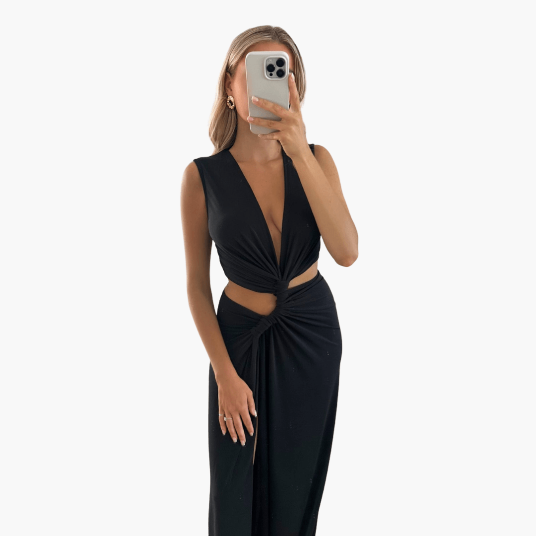 Abito estivo donna con intagli, scollo a V, spacco laterale