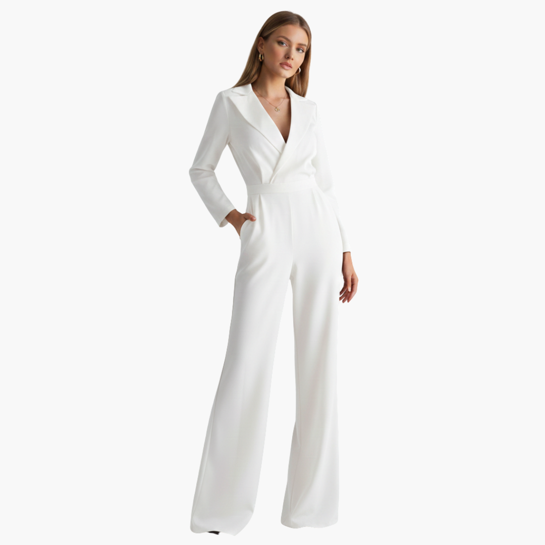 Women's long-sleeve jumpsuit with collar and wide legs