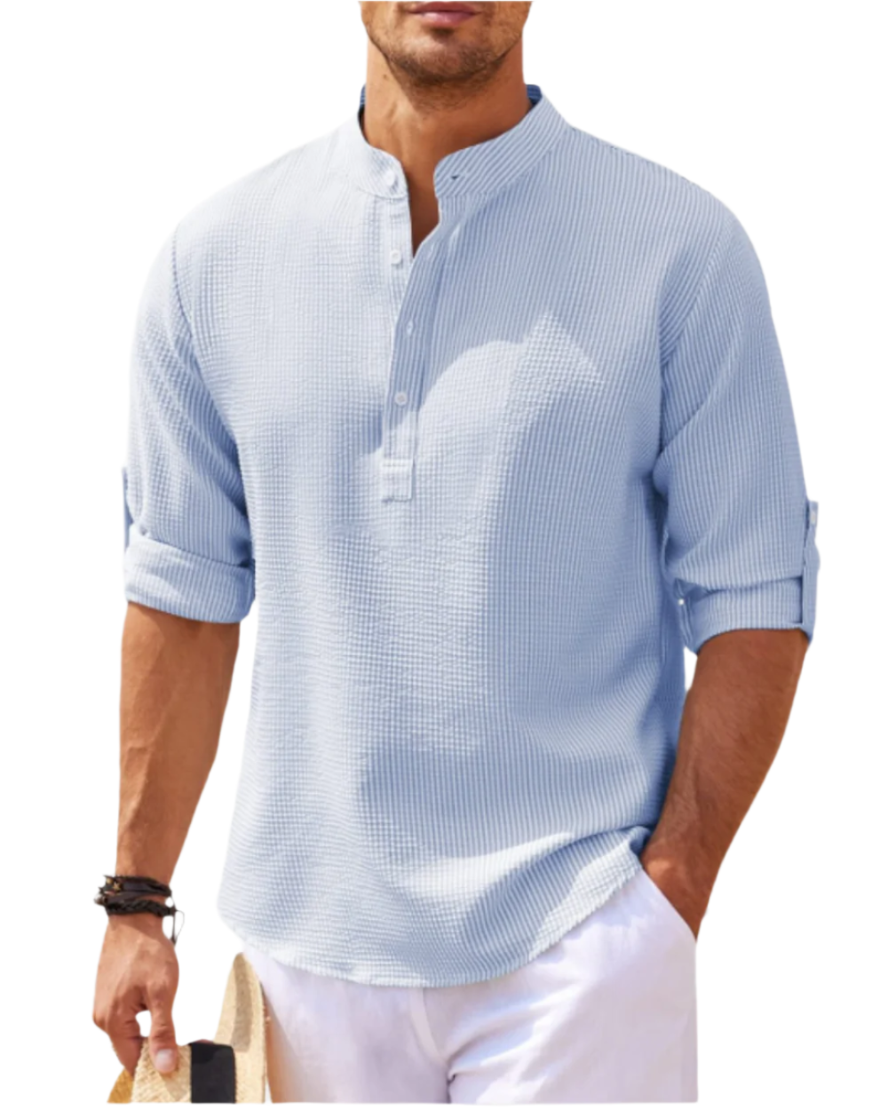 Chemise homme col tunisien | Manches longues retroussables, patte boutonnée | Coupe décontractée respirante