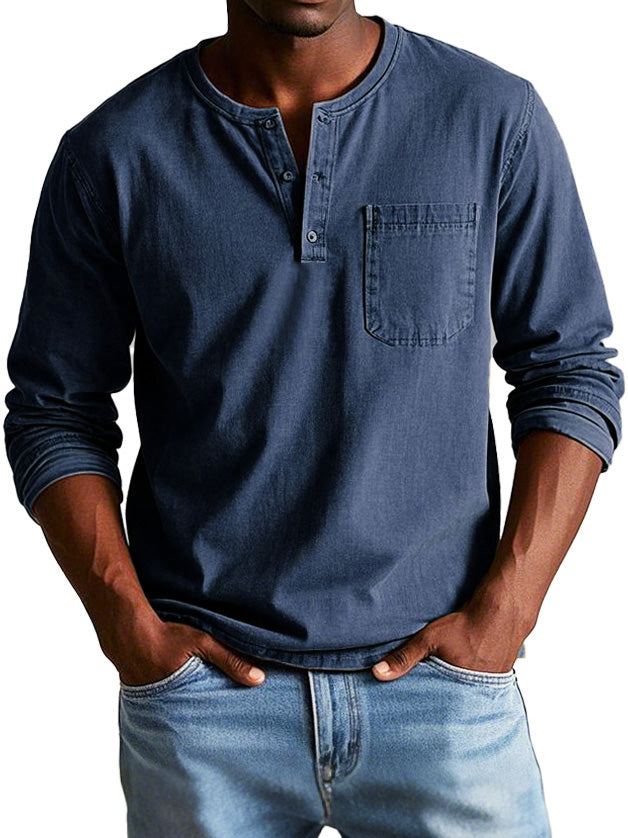 T-shirt homme manches longues | Encolure ronde boutonnée et poche poitrine | Style casual polyvalent