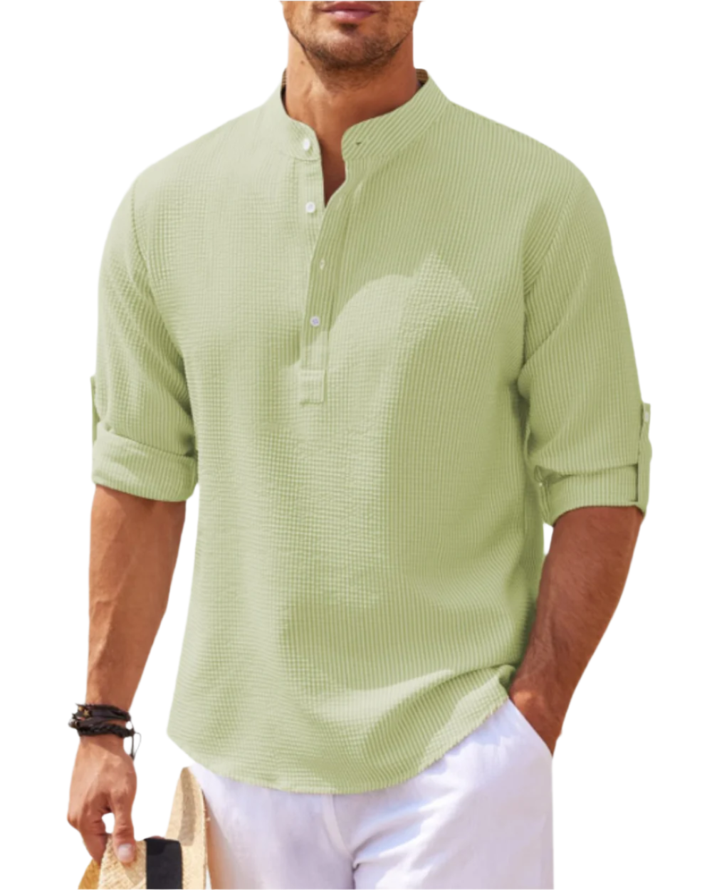 Chemise homme col tunisien | Manches longues retroussables, patte boutonnée | Coupe décontractée respirante