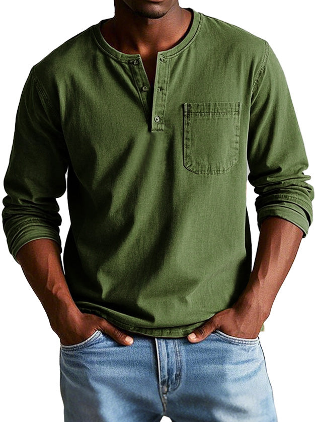 T-shirt homme manches longues | Encolure ronde boutonnée et poche poitrine | Style casual polyvalent