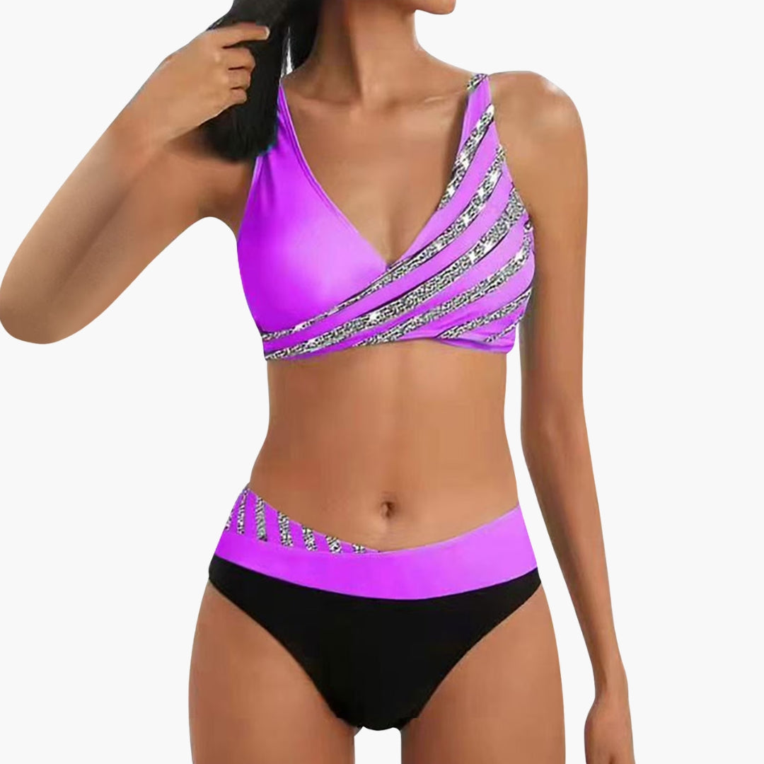 Women's bikini with sparkling stripes and high-waisted bottom