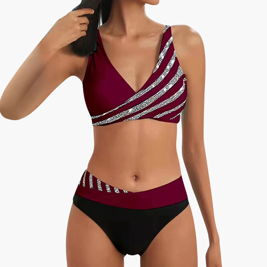 Bikini donna a righe scintillanti con slip a vita alta