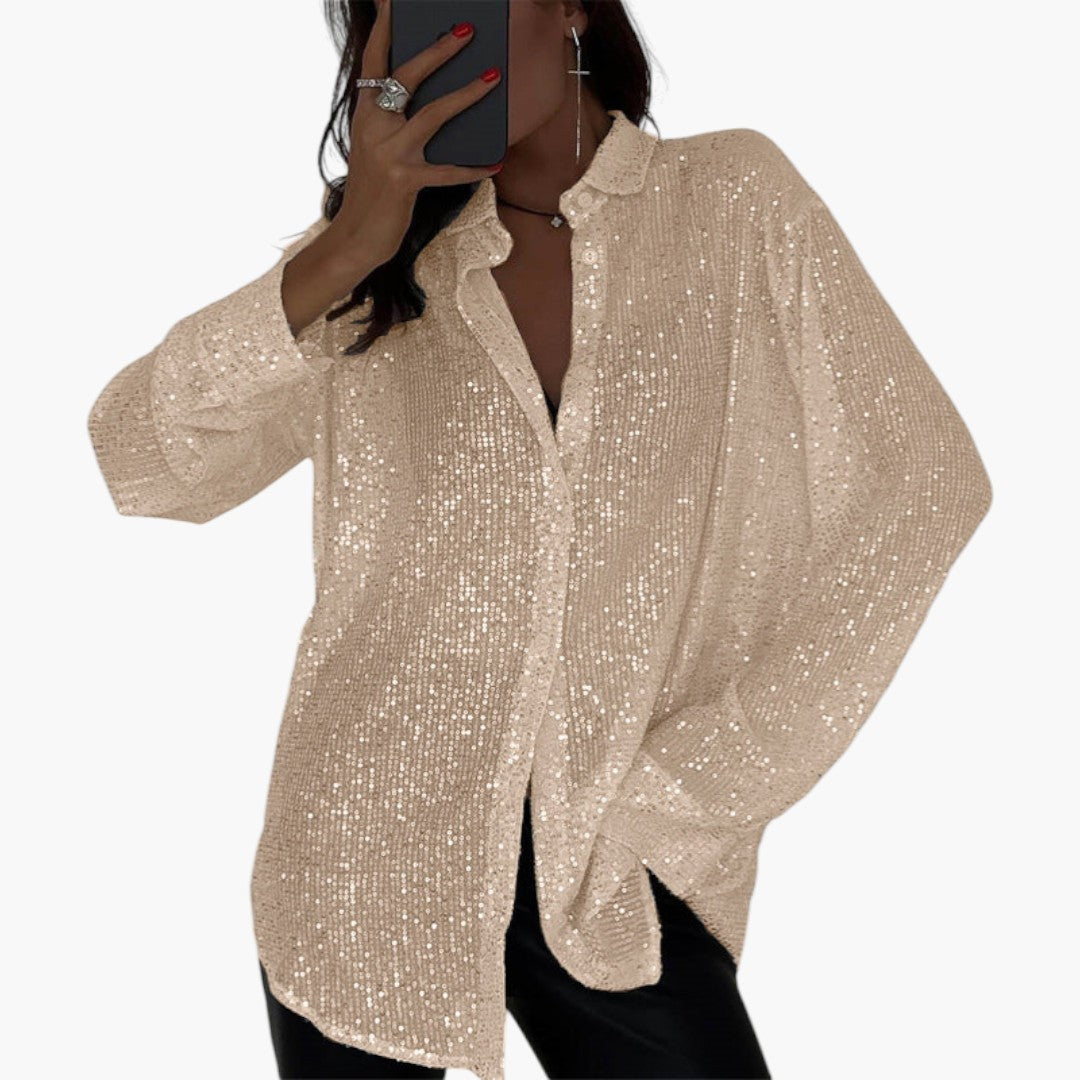 Women's blouse with collar and sequin surface