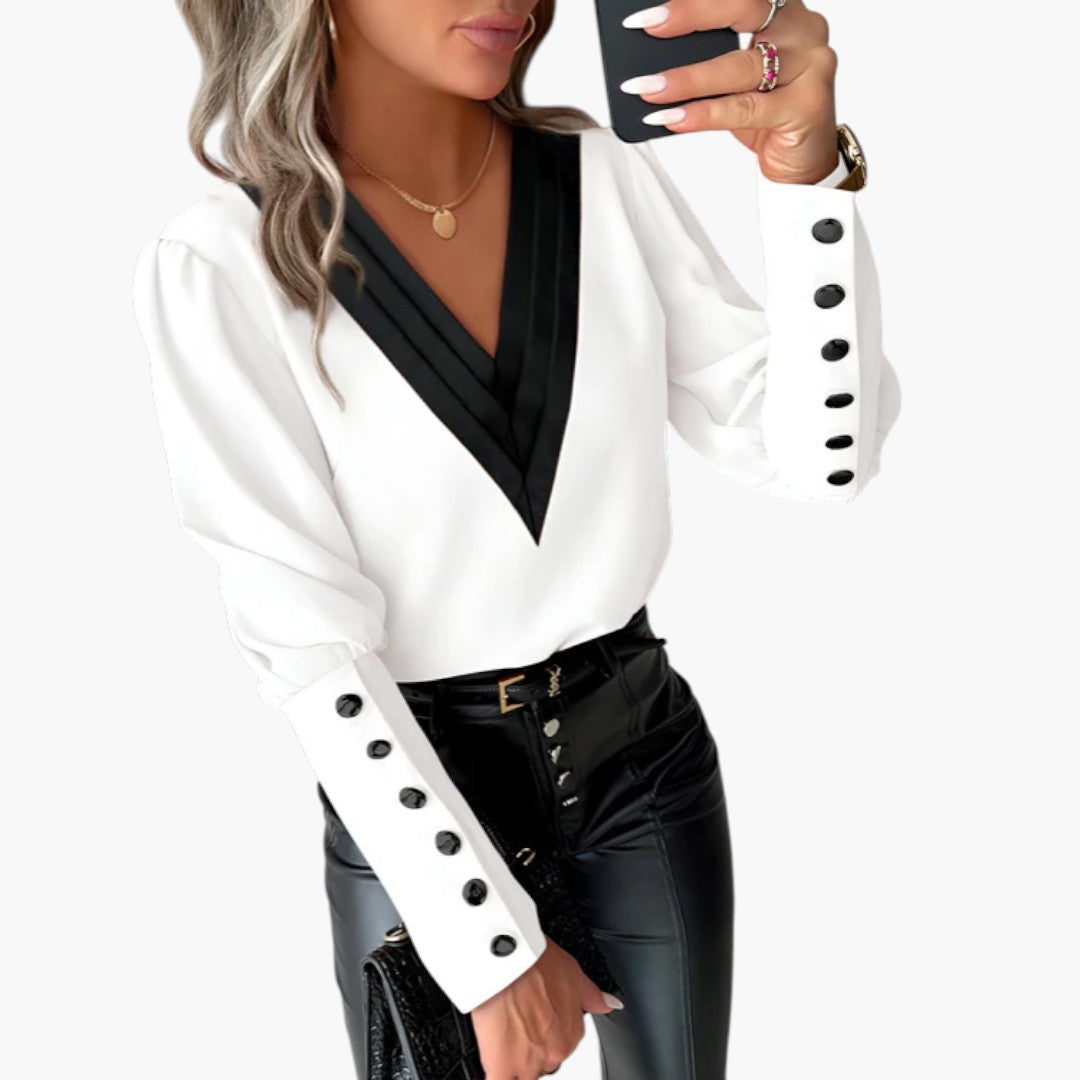 Camicia da donna con scollo a V e polsini con bottoni