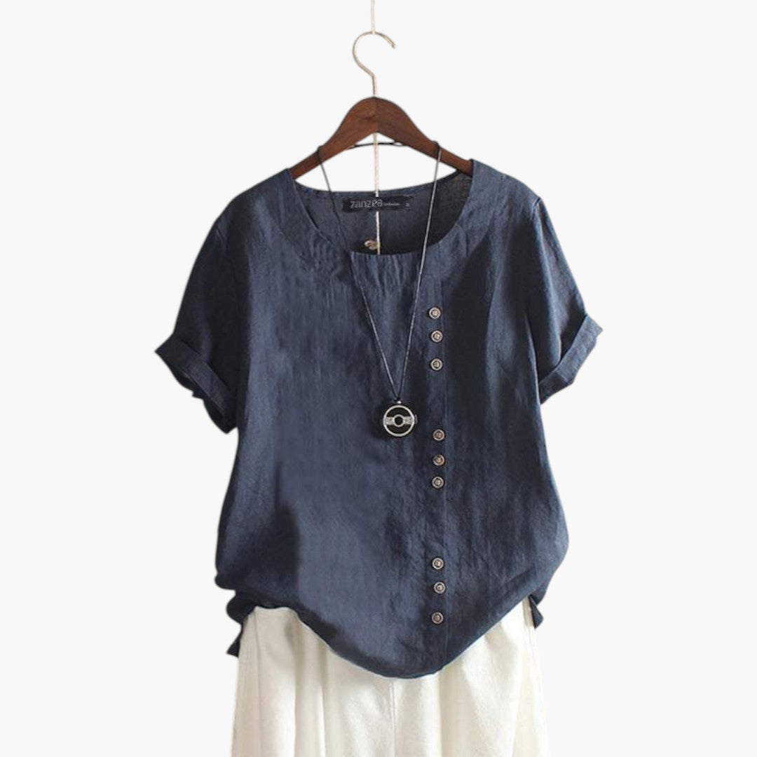 Women's blouse with round neckline and button detail