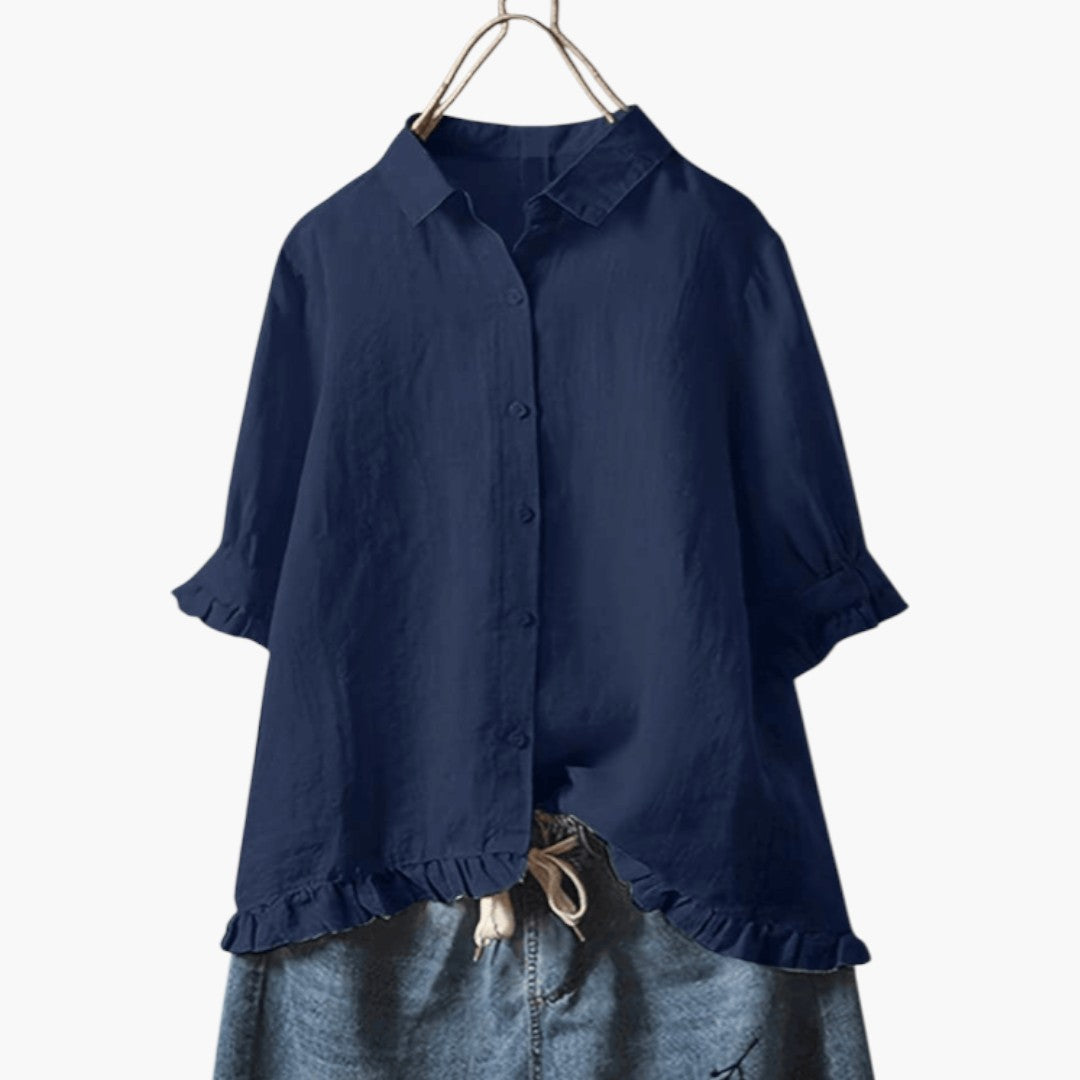 Bluse for dame med krage og volangkant