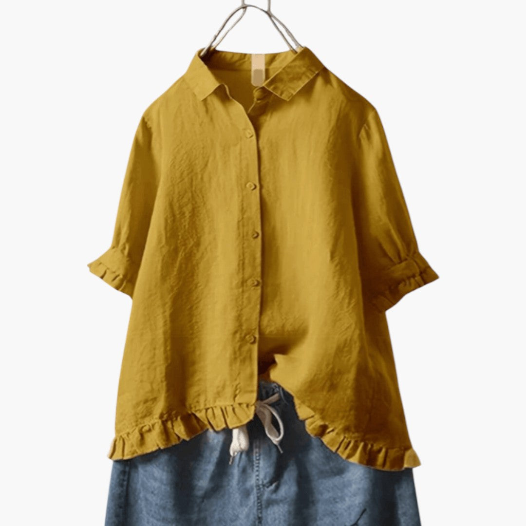 Bluse for dame med krage og volangkant