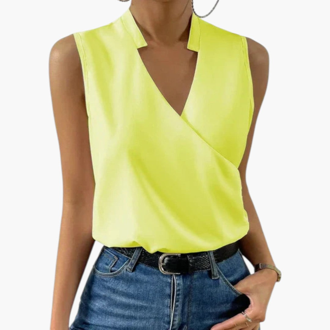 Bluse dame med V-hals uten ermer og omslagslook