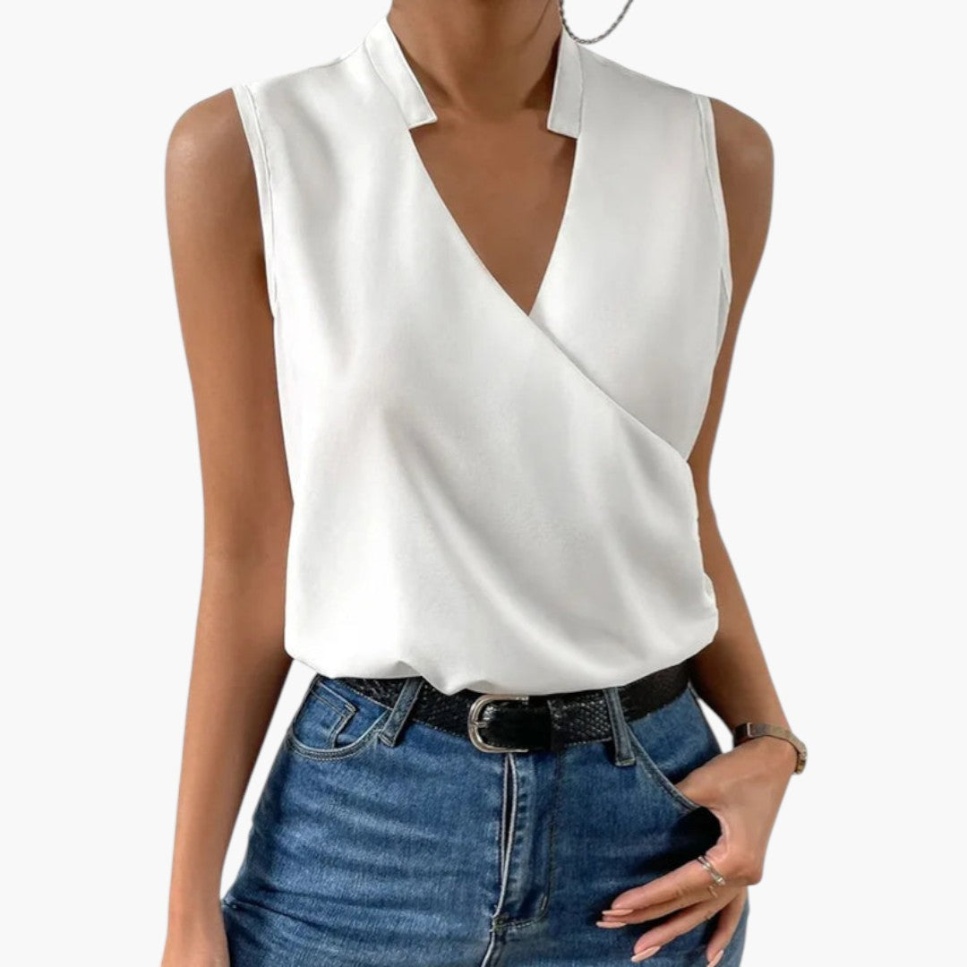 Bluse dame med V-hals uten ermer og omslagslook