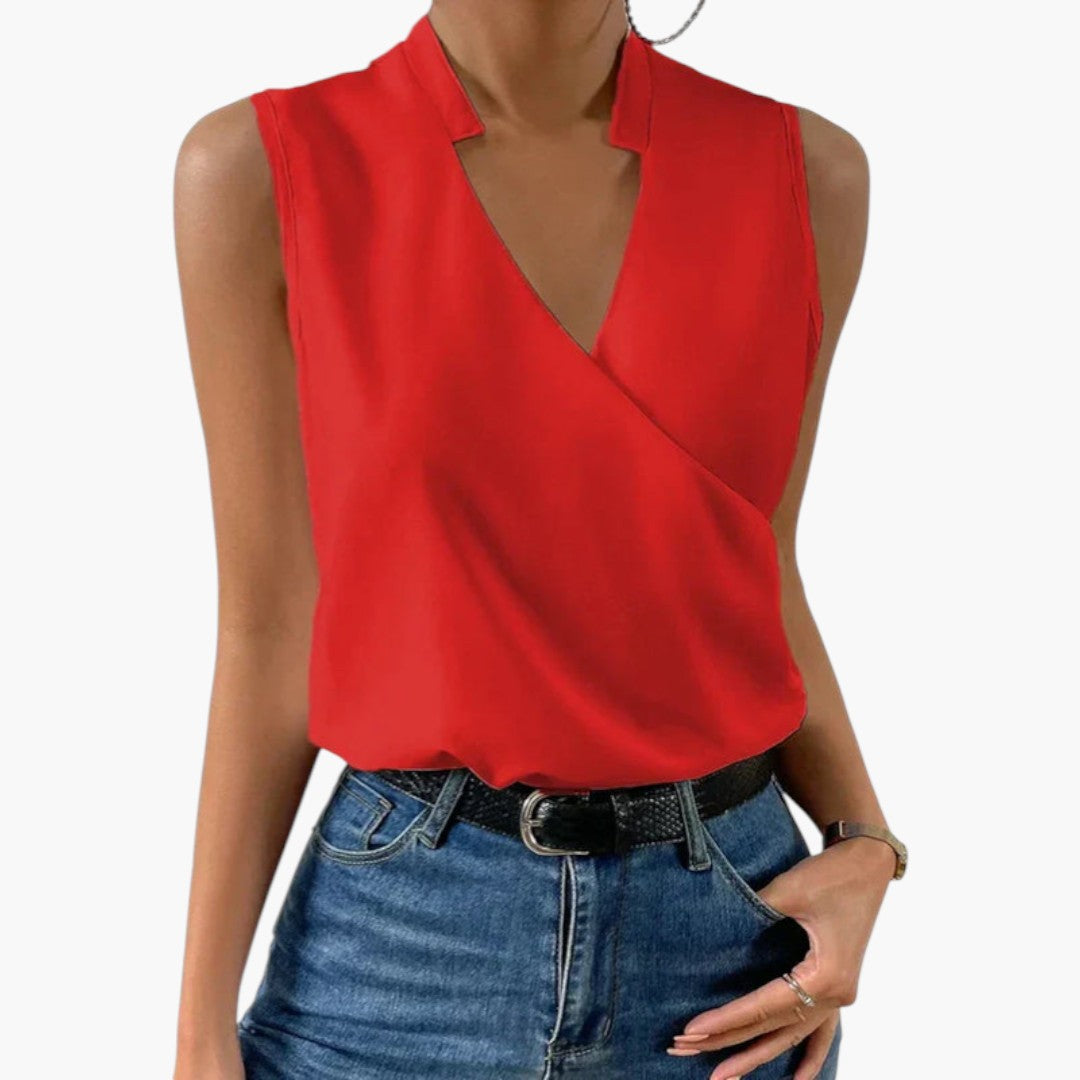 Bluse dame med V-hals uten ermer og omslagslook