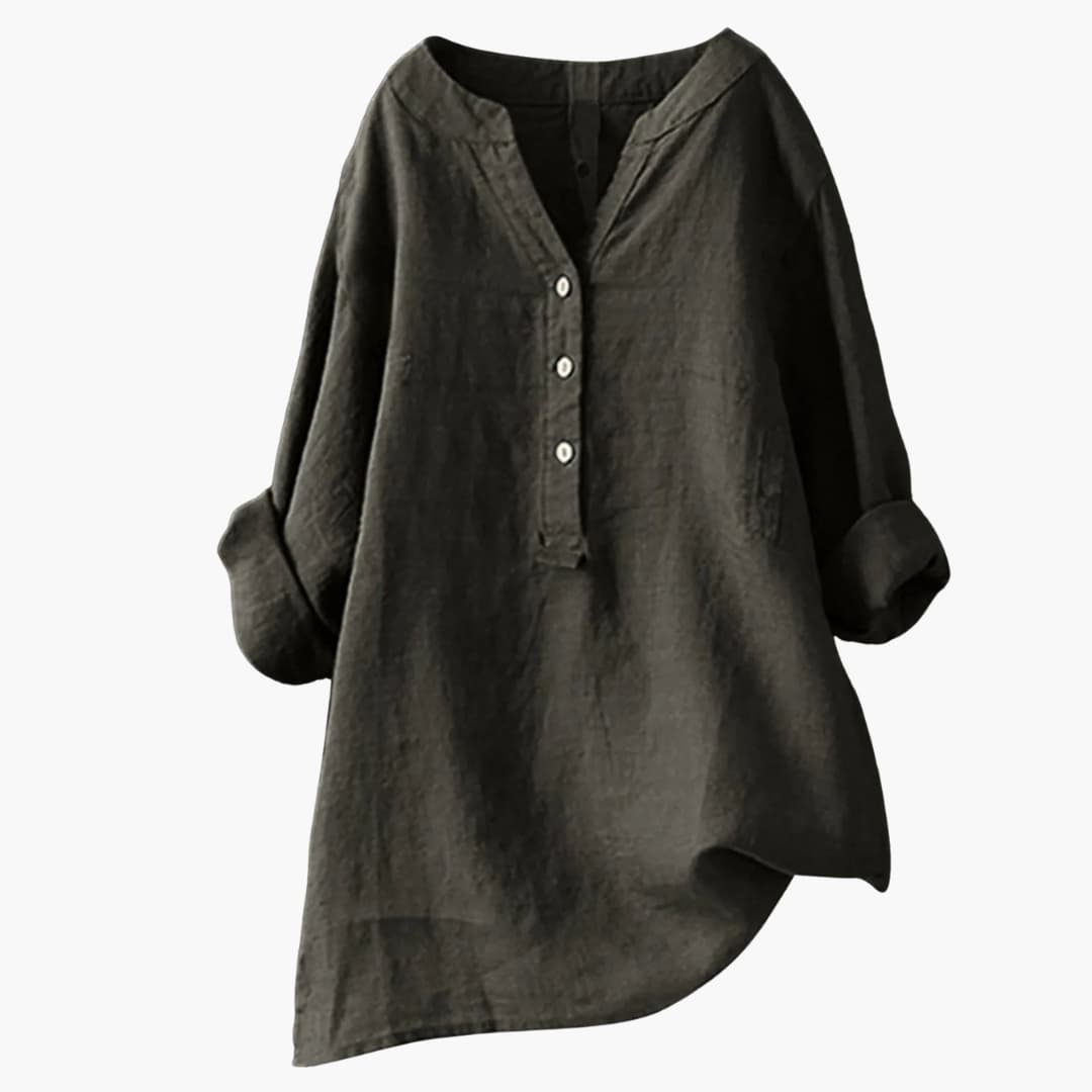 Blouse femme en lin avec col V et patte boutonnée