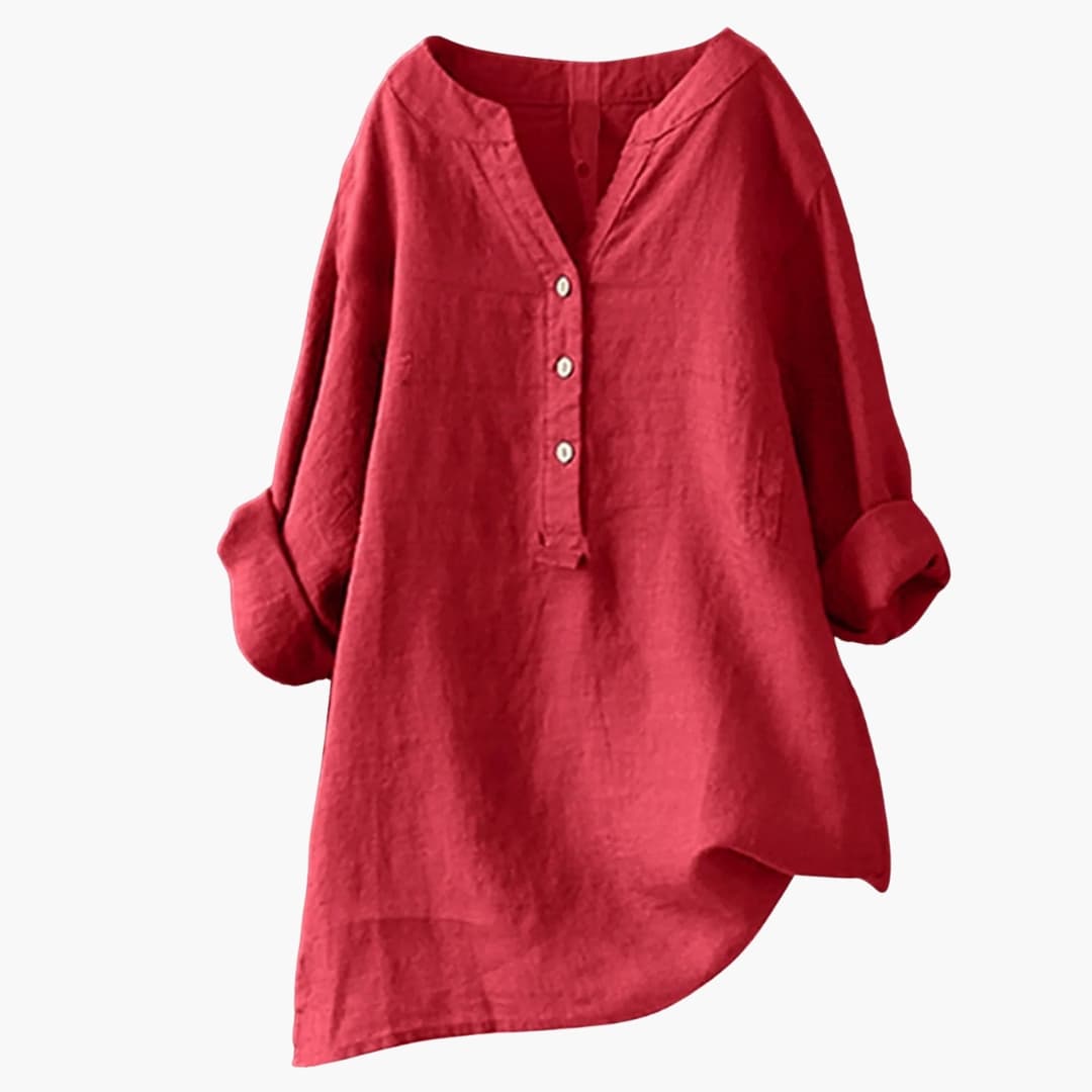 Blouse femme en lin avec col V et patte boutonnée