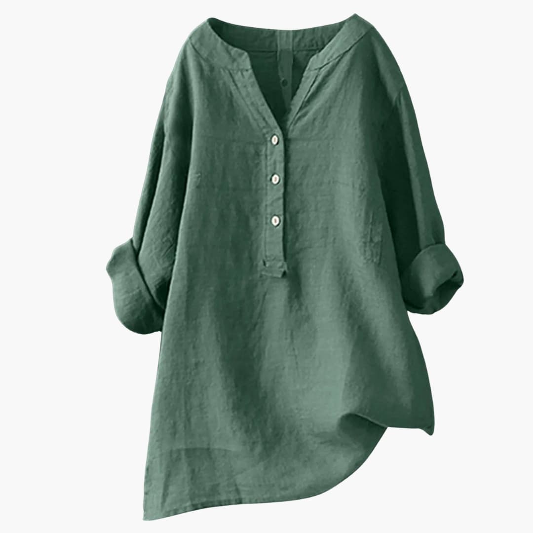 Blouse femme en lin avec col V et patte boutonnée
