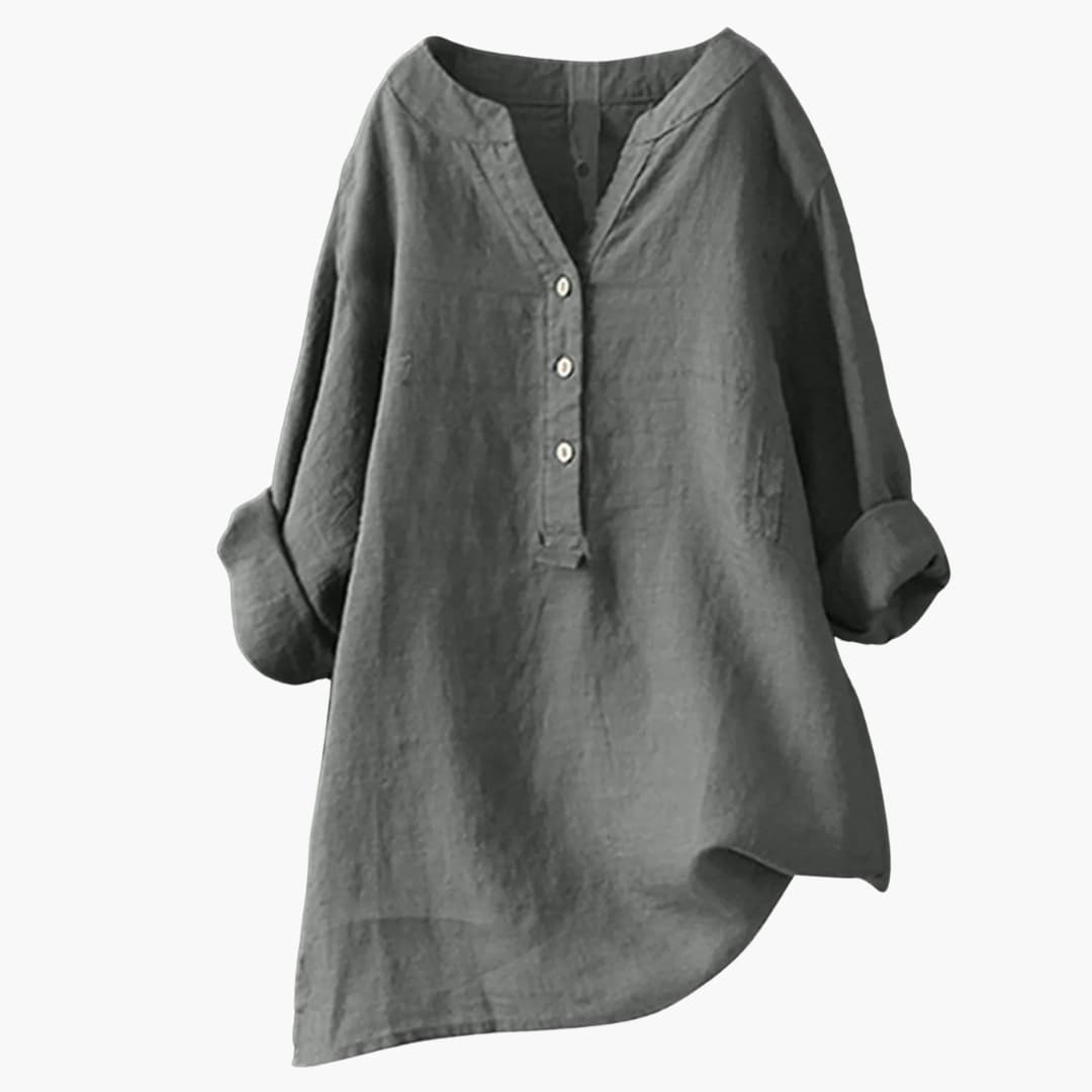 Blouse femme en lin avec col V et patte boutonnée
