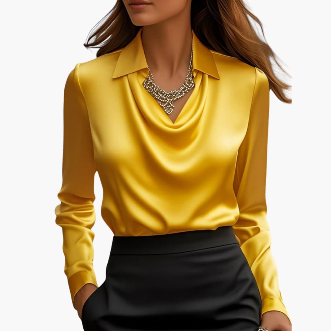 Blouse femme satinée à col drapé et manches longues