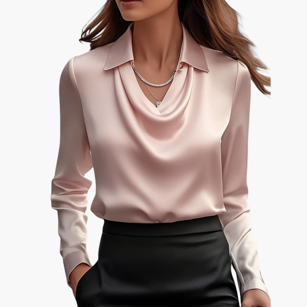 Blouse femme satinée à col drapé et manches longues