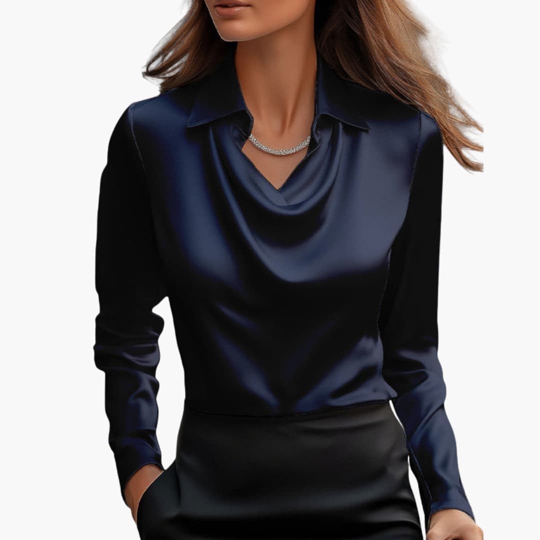 Blouse femme satinée à col drapé et manches longues