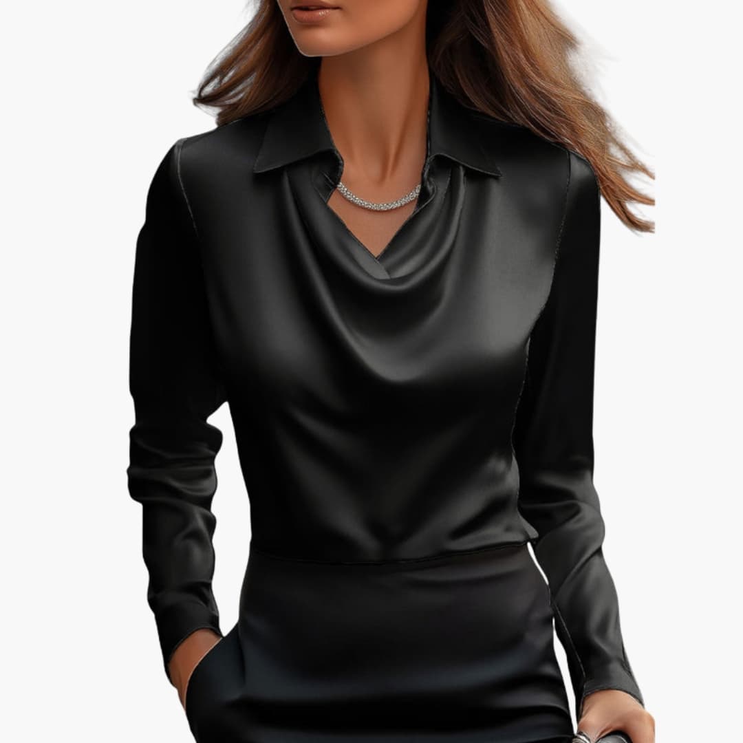 Blouse femme satinée à col drapé et manches longues