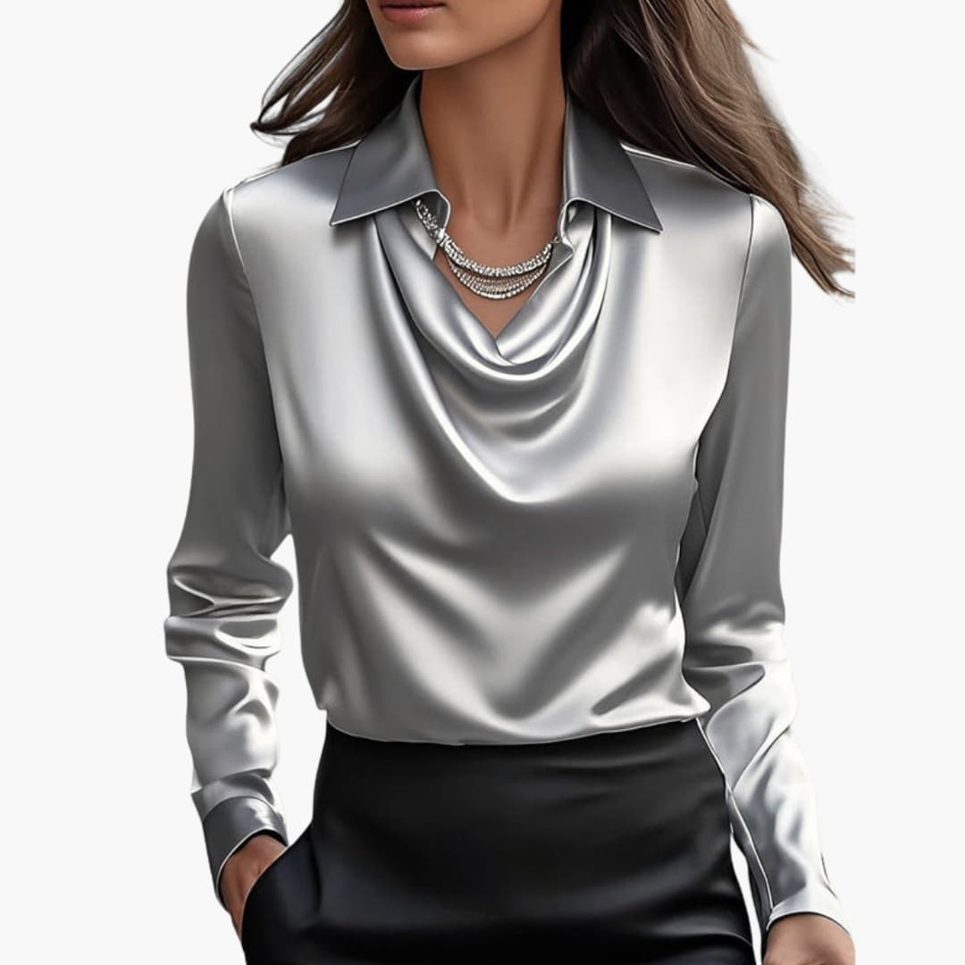 Satin blouse for women with draped collar and long sleeves