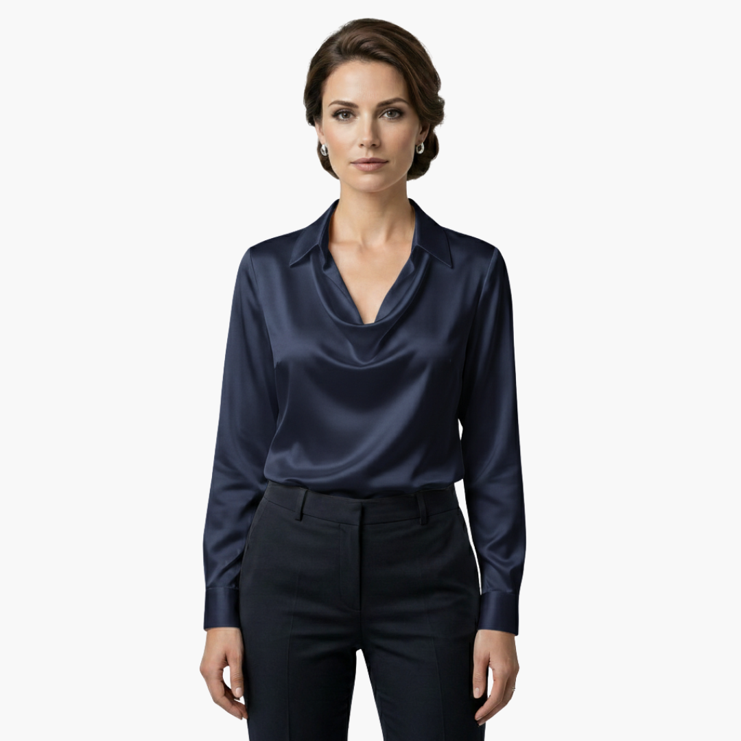 Satin blouse for women with draped collar and long sleeves