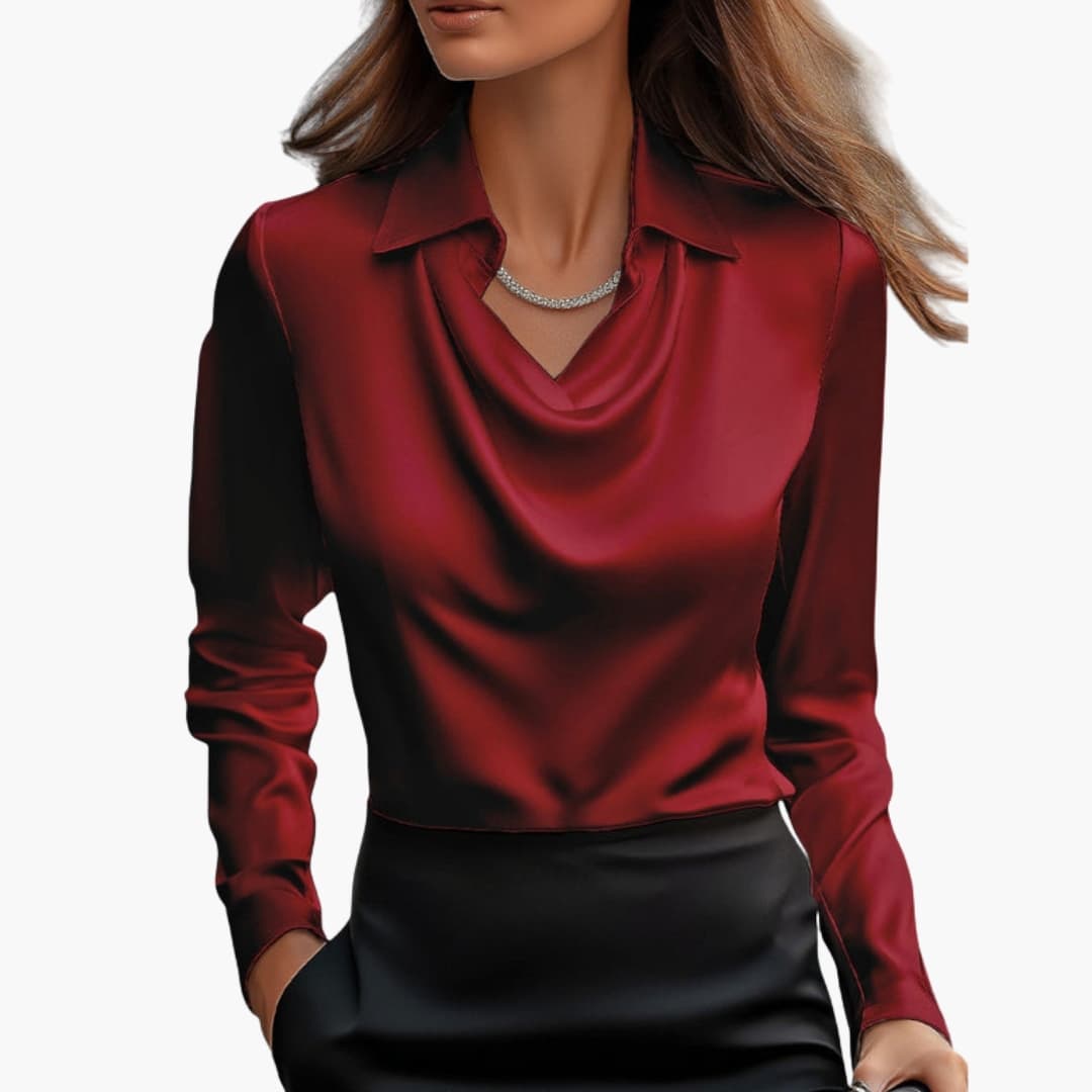 Satin blouse for women with draped collar and long sleeves
