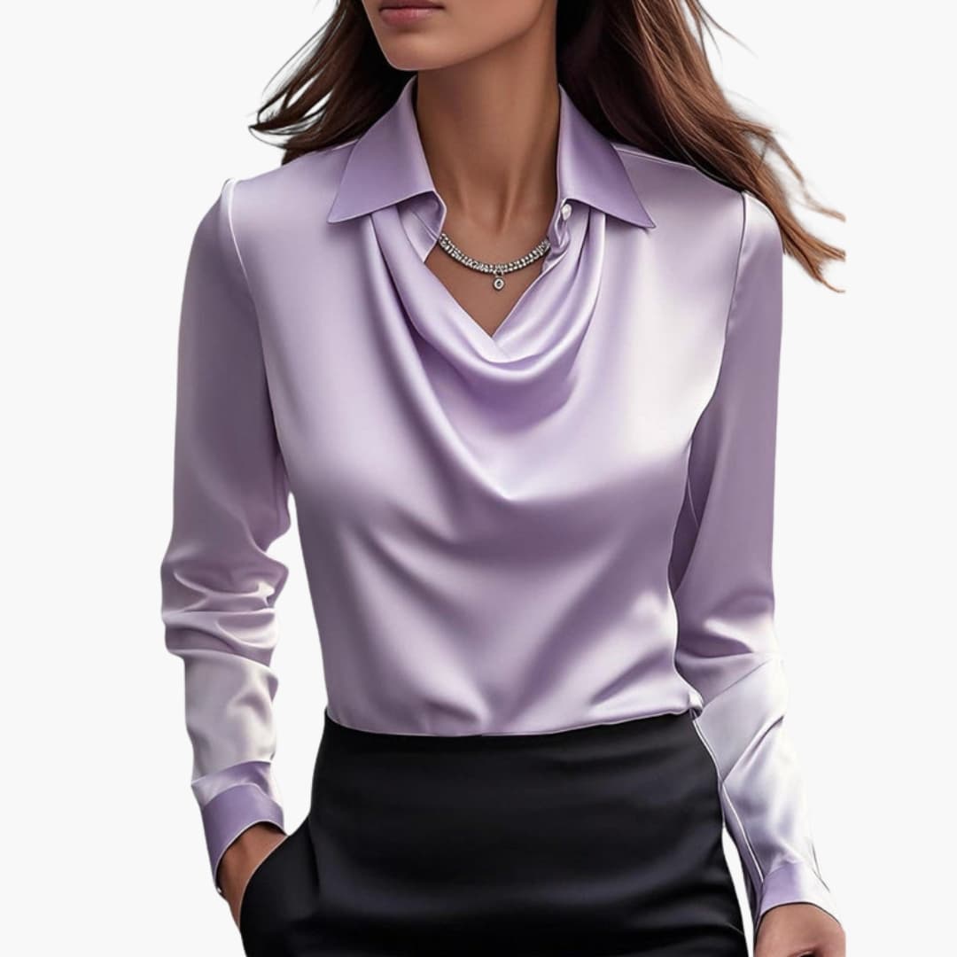 Satin blouse for women with draped collar and long sleeves