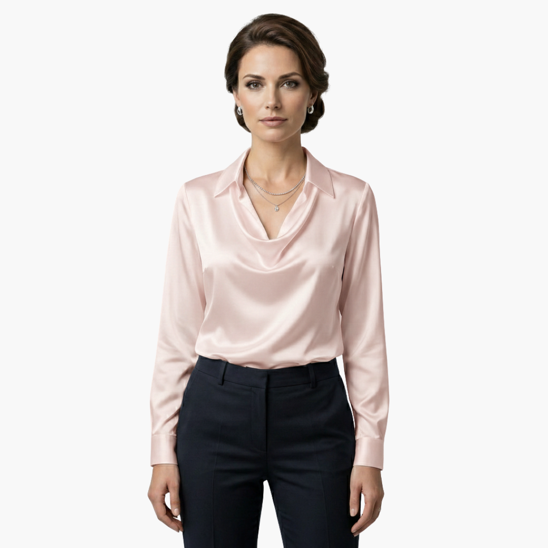 Satin blouse for women with draped collar and long sleeves