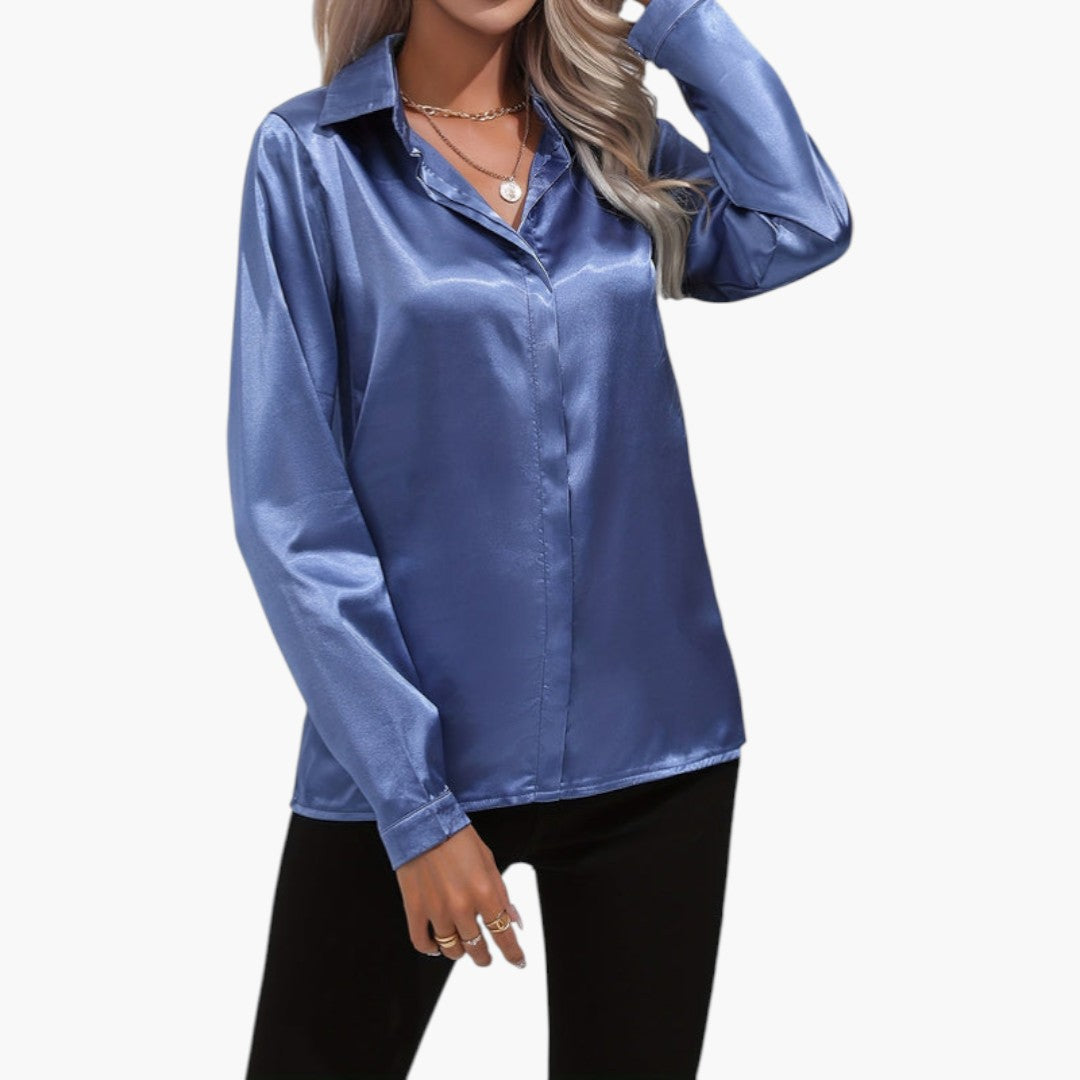 Blusa feminina acetinada com fecho de botões