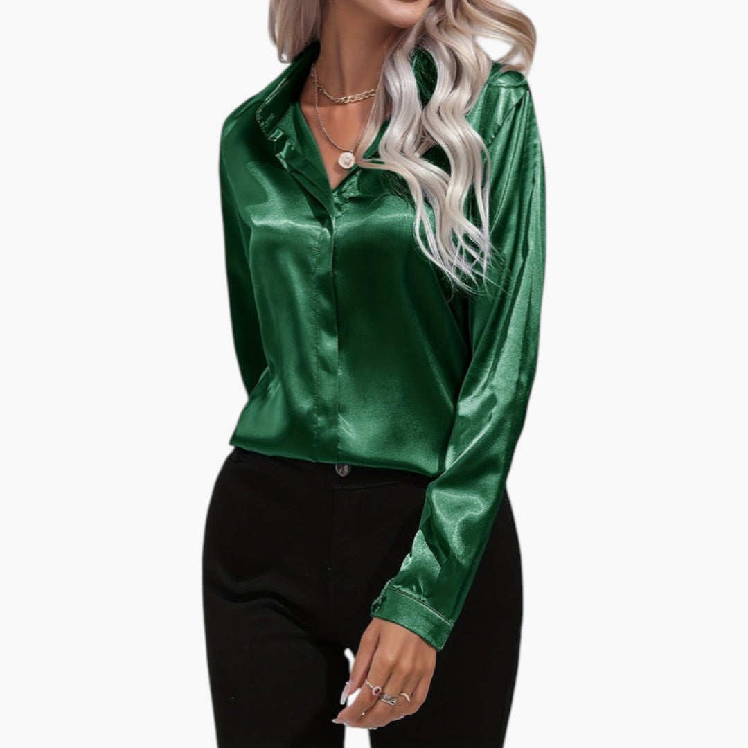 Blusa feminina acetinada com fecho de botões