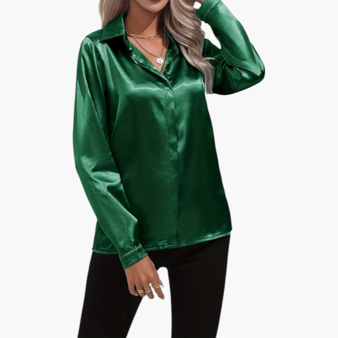 Blusa feminina acetinada com fecho de botões