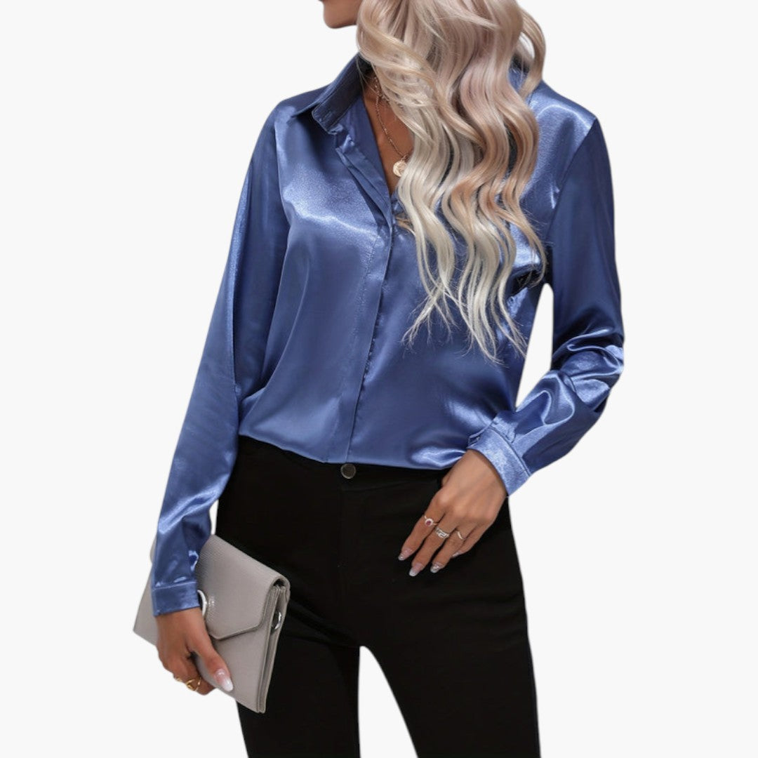 Blusa feminina acetinada com fecho de botões
