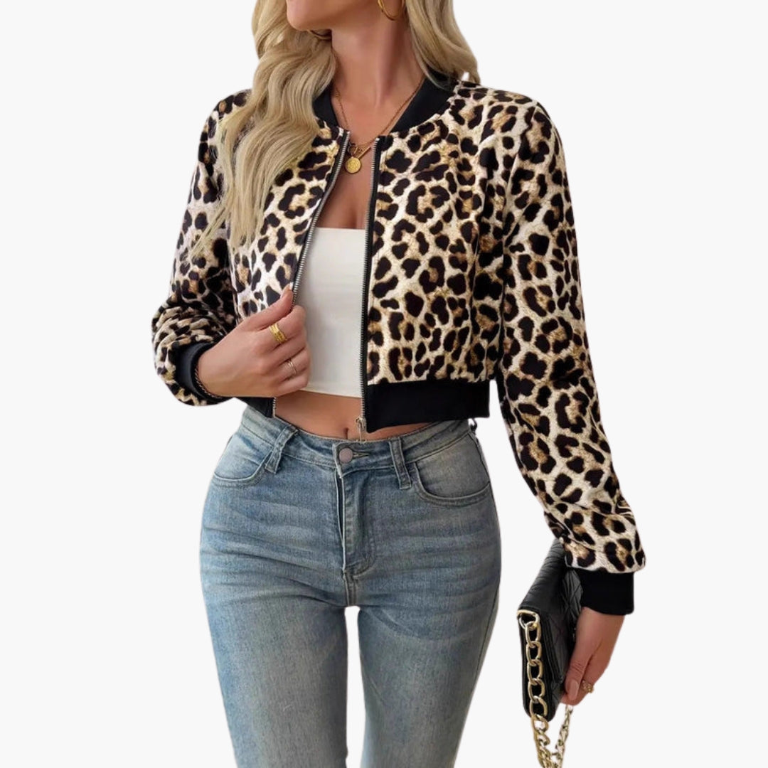 Bomber Donna con Motivo Leopardo e Finiture a Costine