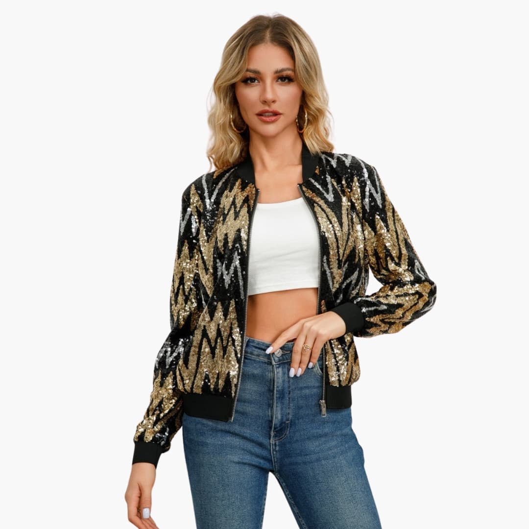 Blouson Bomber Femme avec Surface à Sequins et Ourlet Côtelé