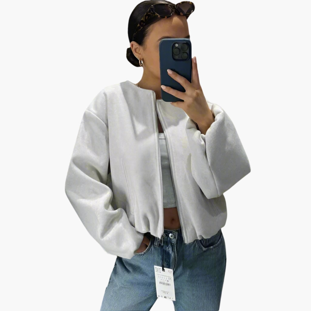 Women's Bomber Jacket with Zipper and Elastic Hem