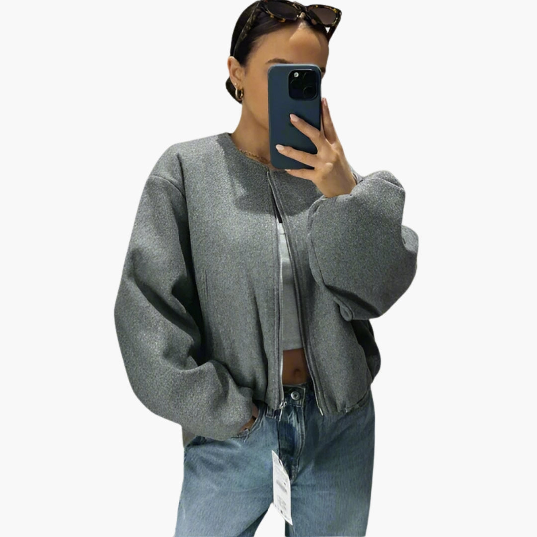 Women's Bomber Jacket with Zipper and Elastic Hem